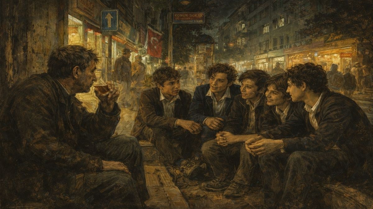 Genç erkeklere tavsiyeler temasını yansıtan sahne; Ankara Konur Sokak’ta bir adamın, genç erkeklerin sevme üzerine yaptığı konuşmayı dinlediği alegorik anlatım.
