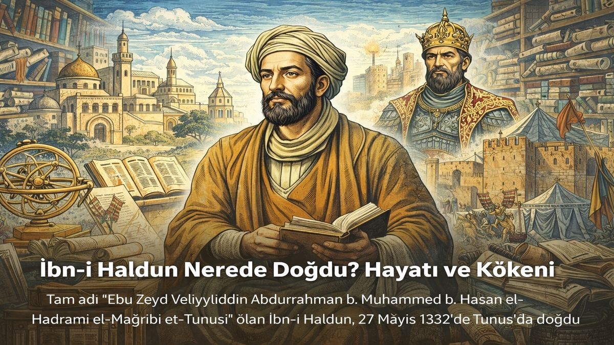 İbn-i Haldun Nerede Doğdu? Hayatı ve Kökeni İbn-i Haldun Nerede Doğdu? Hayatı ve Kökeni – Tunus’ta doğan İbn-i Haldun’un erken yaşamını, eğitim aldığı disiplinleri ve siyasi çevrelerle kurduğu ilişkileri anlatan alegorik sahne
