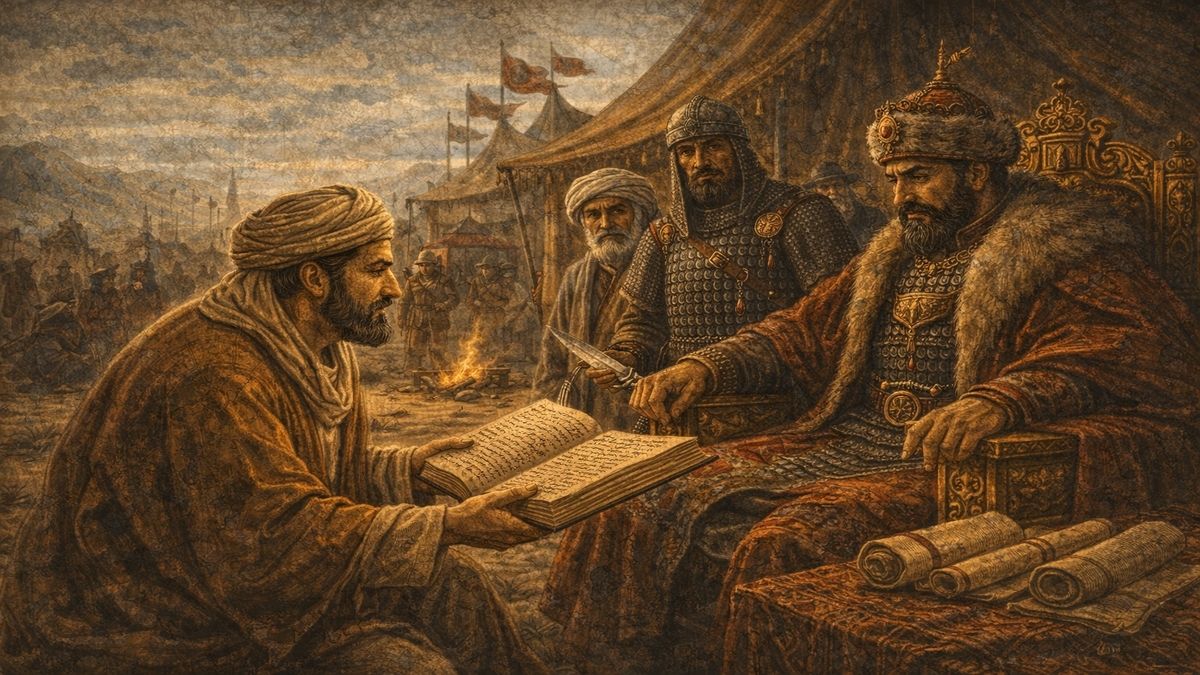 İbn-i Haldun’un Timur ile İmtihanı: Tarih ve Güç İbn-i Haldun’un Timur ile İmtihanı: Tarih ve Güç – Timur’un ordugahında tarihsel bilgi ile askeri güç arasındaki yüzleşmeyi temsil eden alegorik sahne