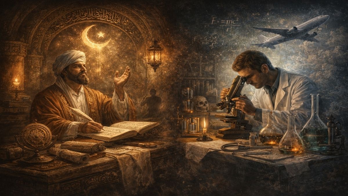 İlim ne demek sorusunu anlatan Bosch tarzı alegorik sahnede dinî metinlerle çalışan bir ilim insanı ile deney yapan bir bilim insanı karşı karşıya tasvir ediliyor.