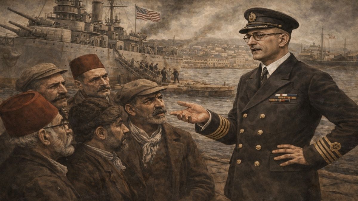 Bandırma Limanı’nda İngiliz subayı kılığındaki İngiliz Kemal’in, Amerikan harp gemisinden çıkmış gibi davranarak Rumlara Anzavur Ahmet lehine konuştuğu sahne.