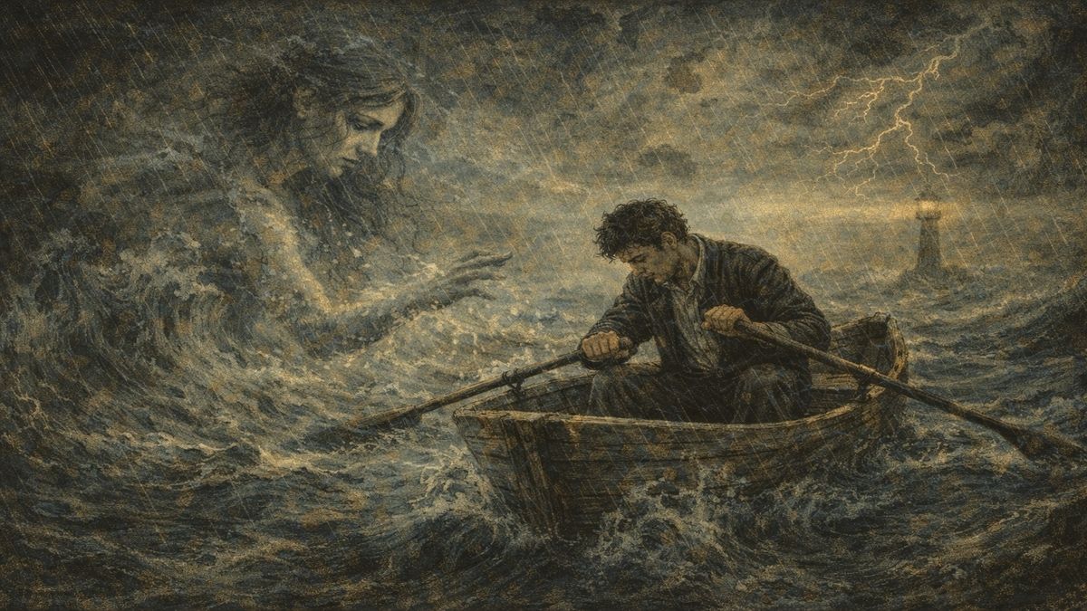 İnsanca sevmek kavramını anlatan alegorik sahne; fırtınalı denizde tek başına kürek çeken bir adam ve sevginin ağırlığını temsil eden hayali kadın figürü.