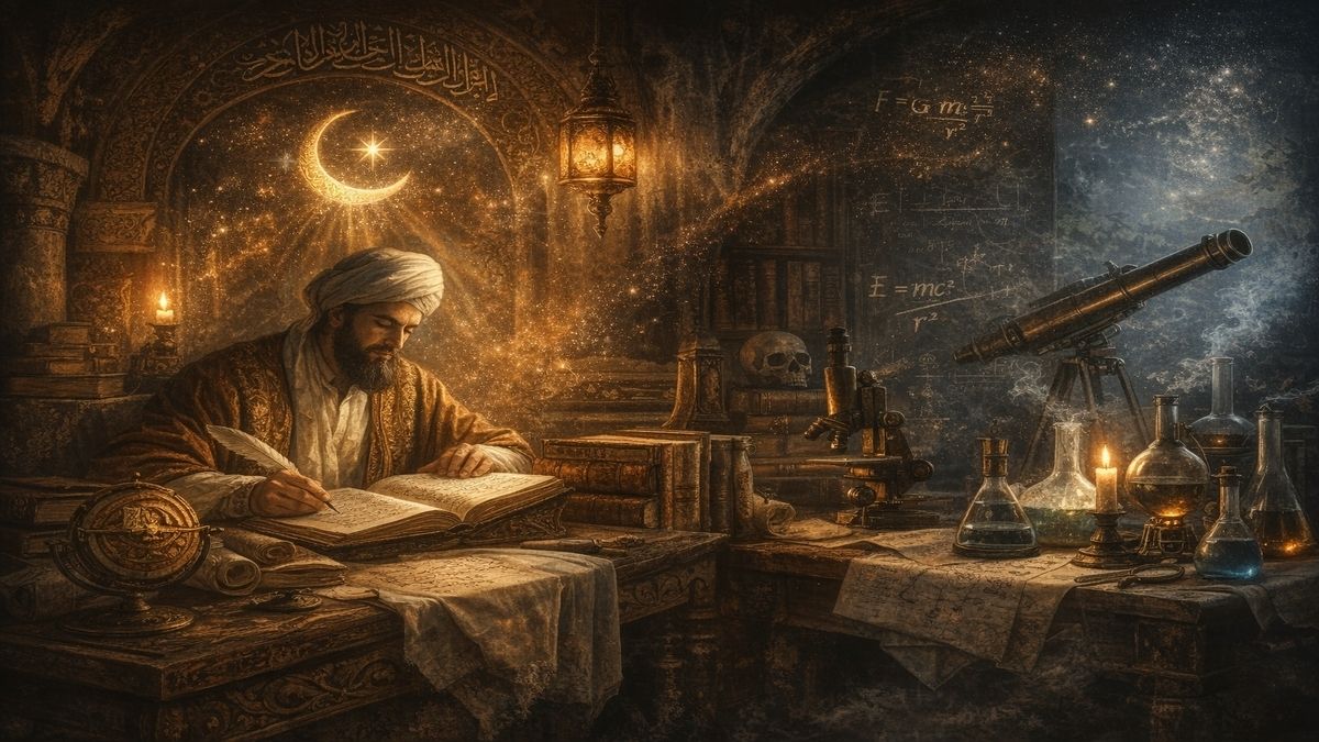 İslam’da ilim nedir sorusunu anlatan Bosch tarzı alegorik sahnede kutsal metinler ve vahiy temelli bilgi simgeleri ile bilimsel deney araçları karşı karşıya tasvir ediliyor.