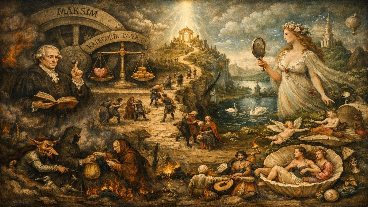 Kant etik ve estetik anlayışını Bosch tarzında anlatan alegorik sahne; terazide kalp ve altın, arka planda evrensel yol, estetik güzelliği temsil eden figür ve ahlak sahneleri.