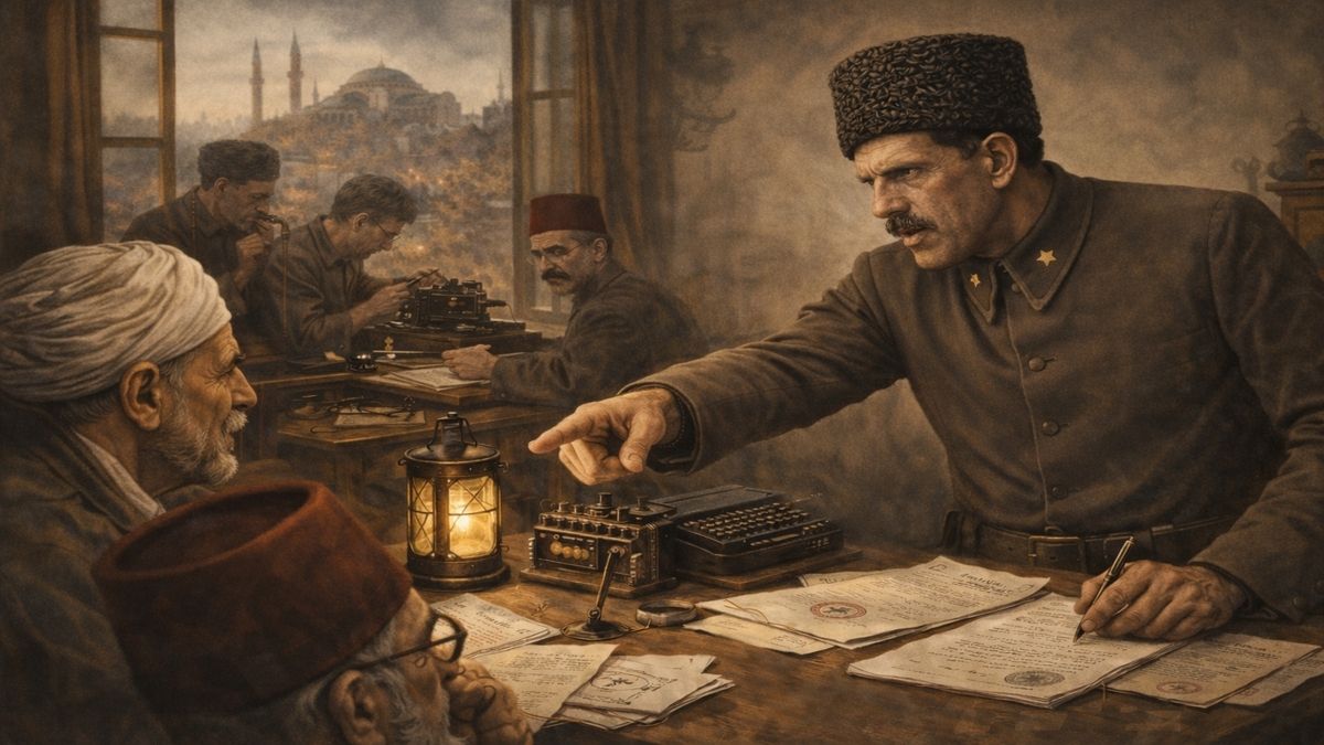 Kazım Özalp’in 16 Mart 1920 İstanbul’un işgali sonrası askerî ve mülkî makamlara hitaben beyanname hazırladığı sahneyi betimleyen alegorik tarihsel çizim.