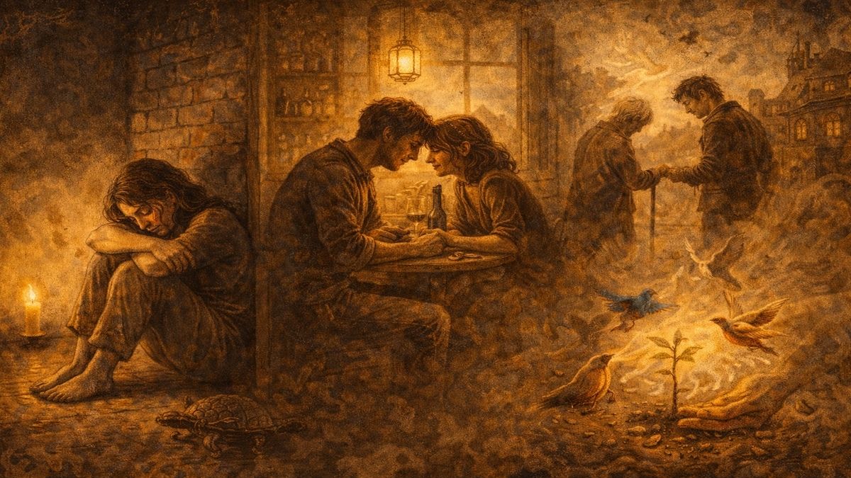 Bir Hobin Olsun metni için Bosch tarzı alegorik sahne: kendi alanında ağlayan bir figür, sevgiyle oturan bir çift ve iyiliği simgeleyen filizlenen bir bitki.