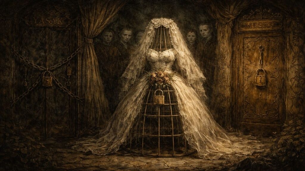 Kız çocuklarının erken evlilik ve toplumsal baskı altında birey olmadan kafese alınmasını anlatan Bosch tarzı alegorik sahne