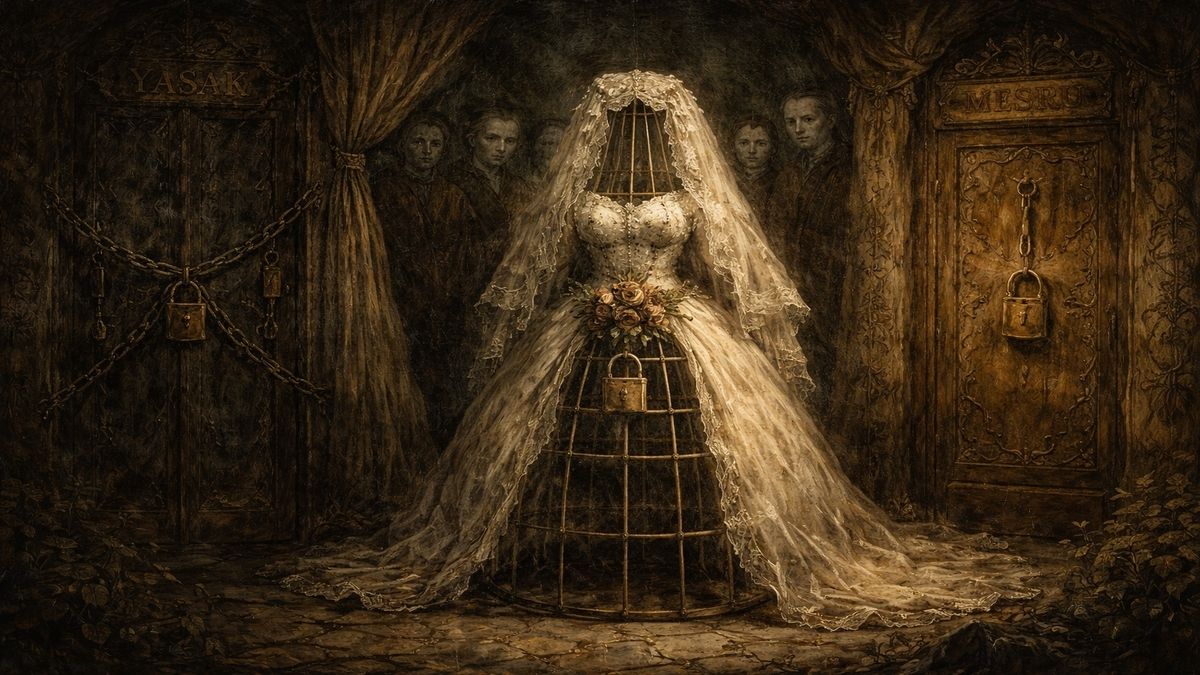 Kız çocuklarının erken evlilik ve toplumsal baskı altında birey olmadan kafese alınmasını anlatan Bosch tarzı alegorik sahne