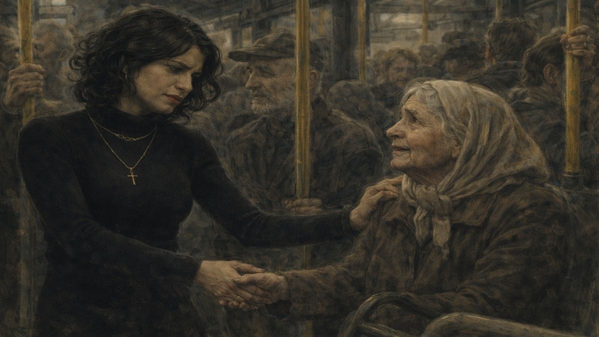 Kronik Yalnızlık | Otobüste Yer Verme Sahnesi – Günay Aktürk Kronik Yalnızlık temasını temsil eden Bosch tarzı otobüs sahnesinde genç kadın yaşlı kadına yer verirken kalabalık içinde görünmeyen içsel mesafe betimleniyor.