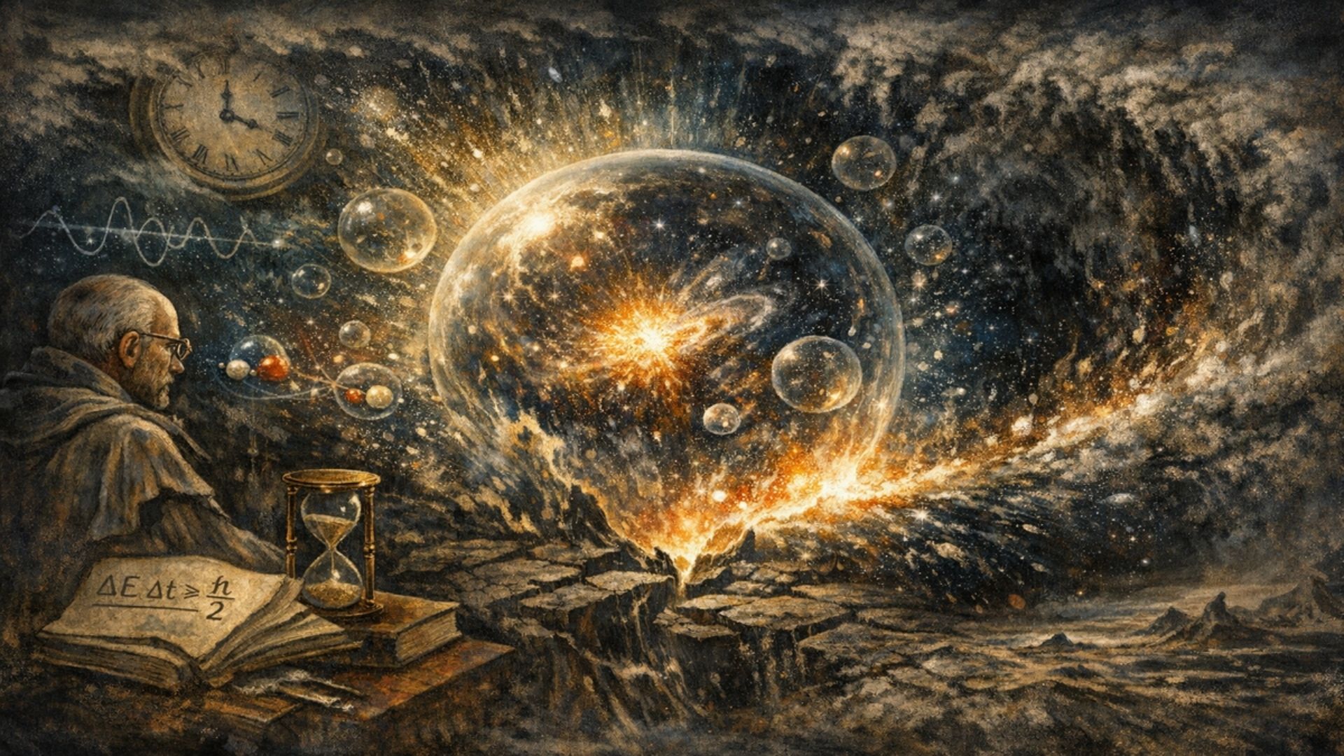 Kuantum dalgalanma sonucu enerji baloncuğundan doğan evreni temsil eden, Werner Heisenberg’in belirsizlik ilkesi ve bilinç kavramını simgeleyen alegorik Bosch tarzı illüstrasyon.