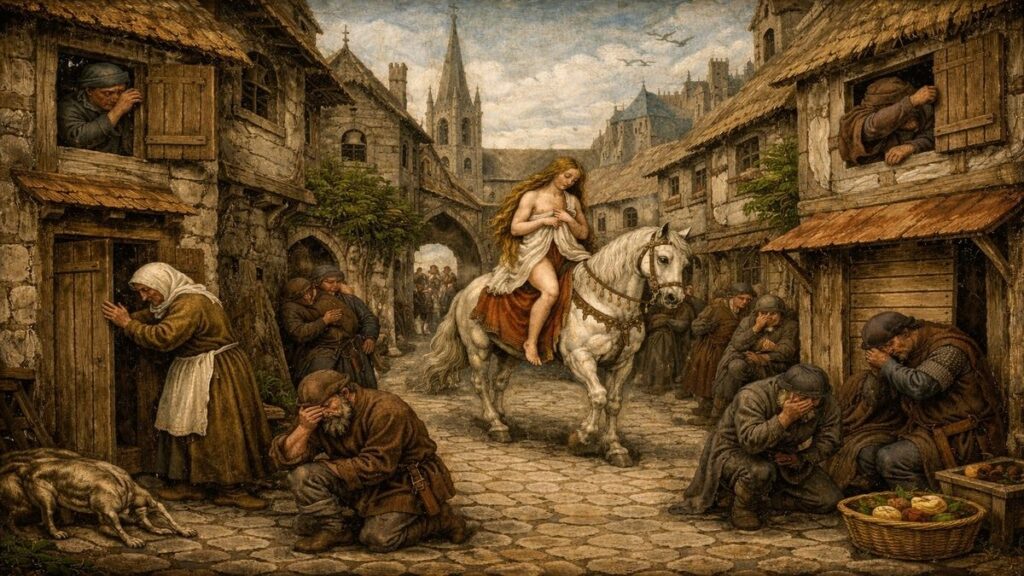 Lady Godiva’nın Coventry sokaklarında at üzerinde ilerlediği, halkın evlerine çekildiği Bosch tarzı alegorik Orta Çağ sahnesi