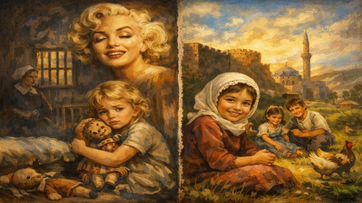 Marilyn ve Rabia – İki Farklı Çocukluk Marilyn ve Rabia çocukluk karşılaştırması; biri bakım evinde yalnız bir çocuk, diğeri Diyarbakır’da ailesiyle mutlu bir çocukluk yaşayan Rabia, alegorik kompozisyon.