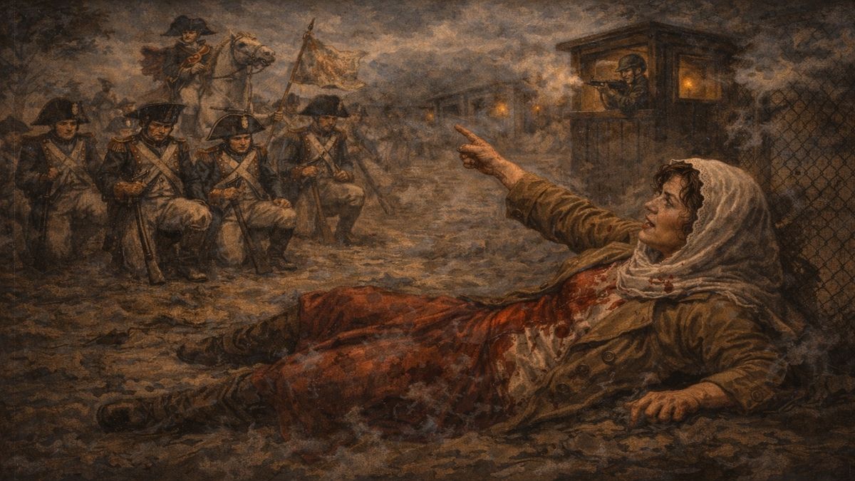 Marilyn ve Rabia – Dağkapı’da Son Komut Marilyn ve Rabia anlatısında Rabia’nın Dağkapı’daki askeri karargâh önünde yere düşerken arkasında hayali Napolyon askerleri ve nöbet kulübesindeki silahlı asker bulunan alegorik sahne.