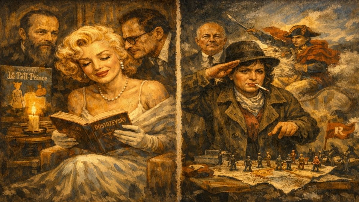 Marilyn ve Rabia – Napolyon’un Orduları Marilyn ve Rabia karşılaştırması; kitap okuyan Marilyn ve fötr şapka takarak Napolyon’a komut verdiğini düşleyen Rabia, alegorik kompozisyon.