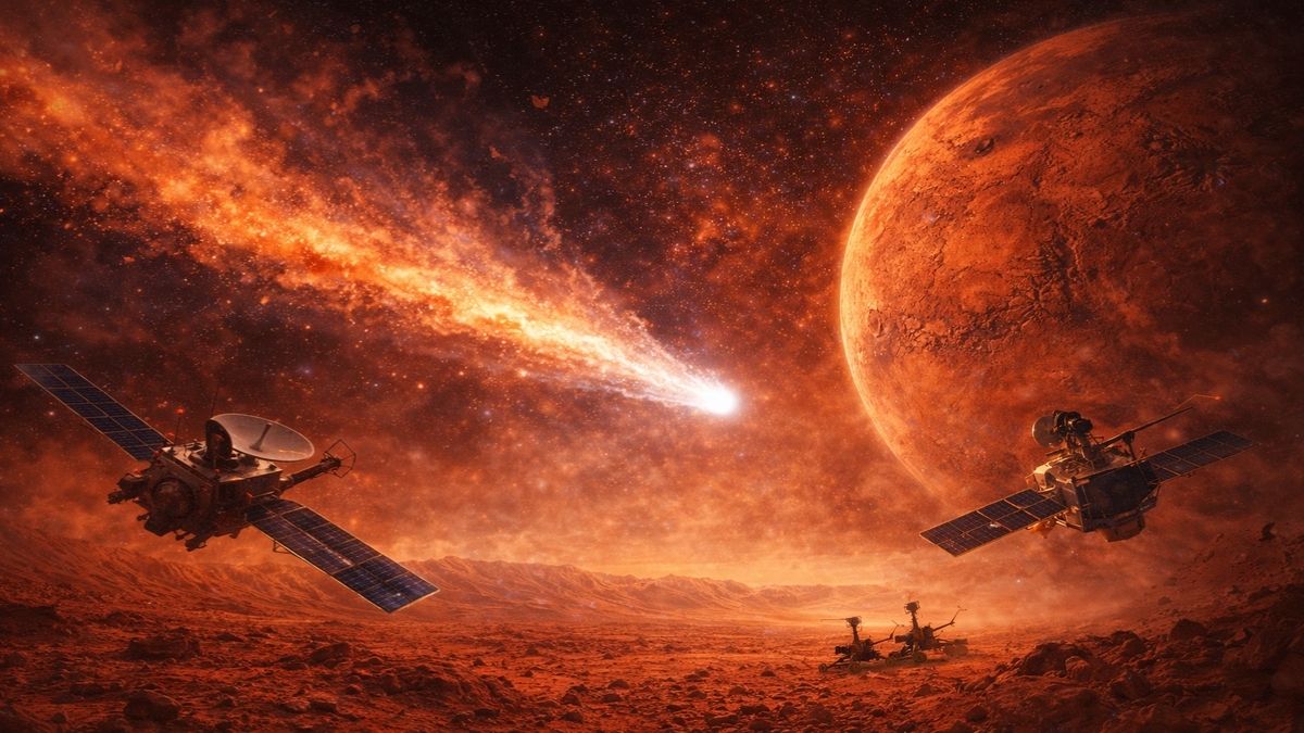 Mars’a Yaklaşan Kuyruklu Yıldız Tehlikesi Mars’a yaklaşan kuyruklu yıldız tehlikesi sırasında mars yüzeyi ve yörüngedeki araştırma araçları