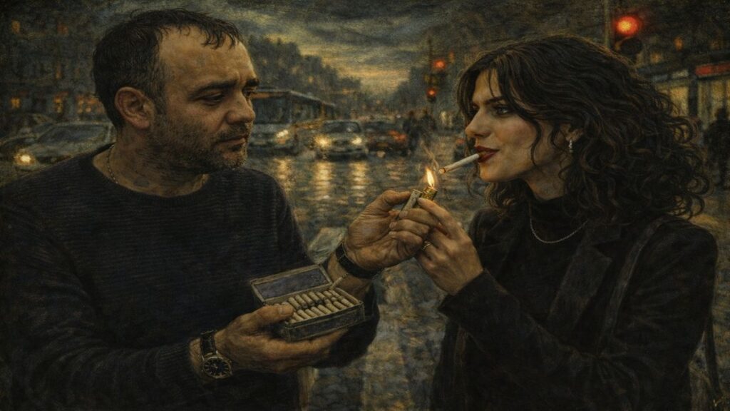 Bosch tarzında resmedilmiş sahnede Günay Aktürk, siyah giyimli kadına sigara uzatırken aralarında geçen gerilimli ve cilveli diyalog anı betimleniyor.