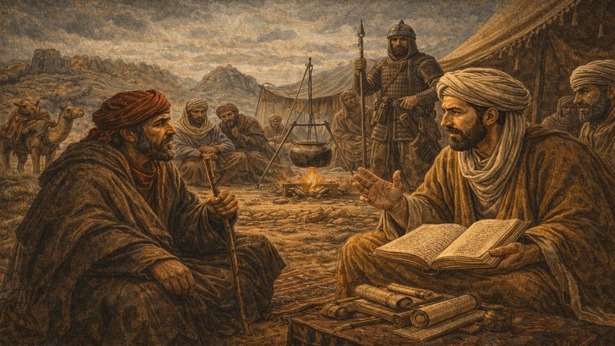 Mukaddime ve Kitâbu’l-İber: İbn-i Haldun’un En Önemli Eseri Mukaddime ve Kitâbu’l-İber: İbn-i Haldun’un En Önemli Eseri – Göçebe hayatı ve kabileler arasında gözlem yaparken tarihsel düşüncesini inşa eden İbn-i Haldun’u betimleyen alegorik sahne