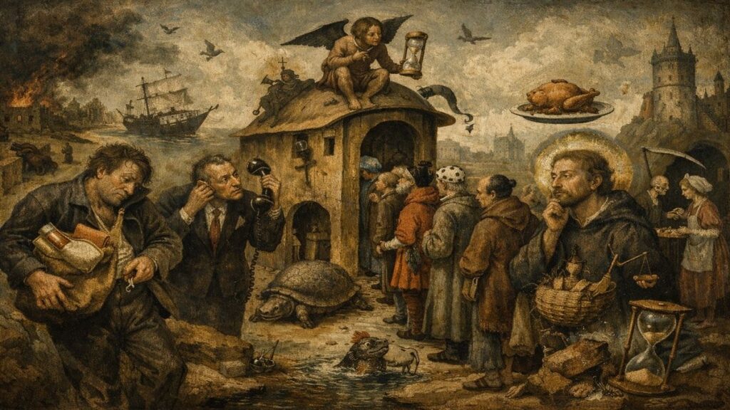 Murphy Kanunları ve absürt yaşam yasalarını alegorik biçimde anlatan, 1200x675 ölçülerinde Bosch tarzı sürreal tablo; yavaş ilerleyen kuyruk, yanlış numara çeviren adam, dolu elle anahtar arayan figür ve çözümün yeni sorun doğurduğu sahneler.