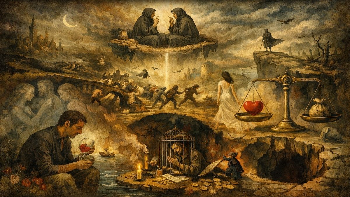 Özdemir Asaf şiirlerinden alıntılarla oluşturulmuş, aşk, ayrılık, yokluk ve suskunluk temalı alegorik Bosch tarzı kompozisyon