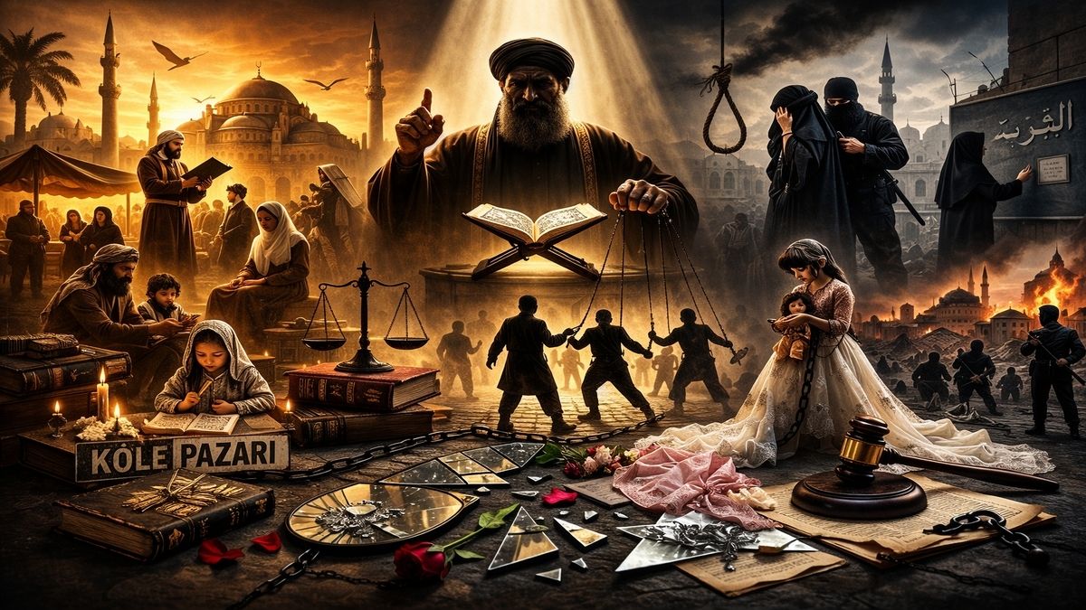 Radikalleşme ne demektir sorusunu temsil eden alegorik sahne; şeriat romantizmi ile IŞİD gerçeği arasındaki ideolojik çatışmayı simgeleyen dramatik kompozisyon.