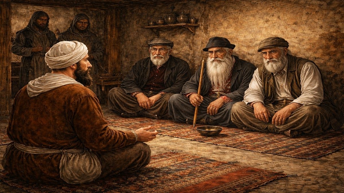 Rıza Şehri Ulular Meclisi Rıza Şehri’nde sofunun dört ulu ihtiyarın karşısında divana çıkarıldığı alegorik sahne