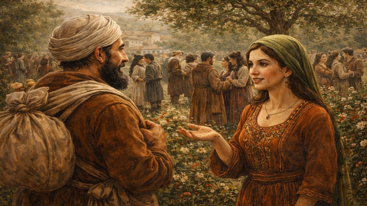 Rıza Şehri Bahçesi ve Tanışma Günü rıza şehri imam cafer sadık anlatısında sofunun bahçede gençlerle tanıştığı sahne