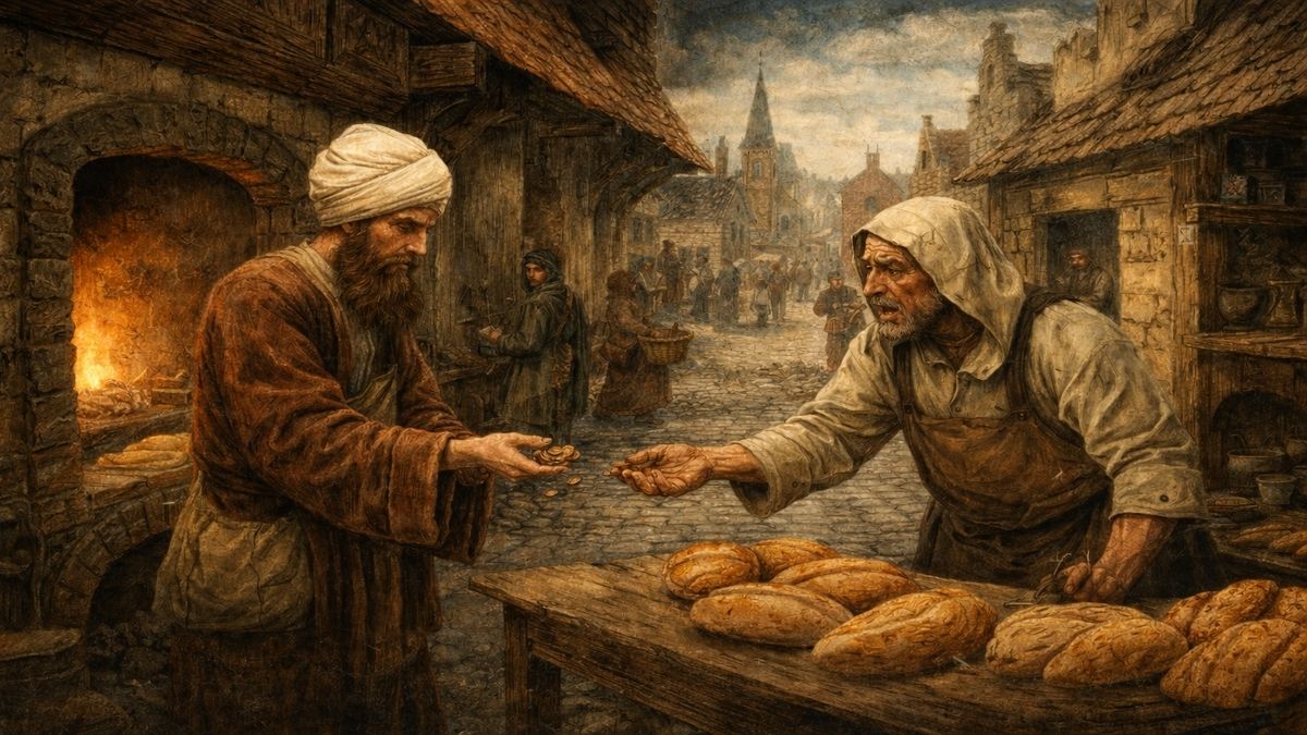 Rızalık Şehri Hikayesi – Sofu ve Fırıncı Rızalık Şehri Hikayesi’nde sofunun fırıncıya para uzattığı ve fırıncının şaşkınlıkla baktığı Bosch tarzı alegorik sahne