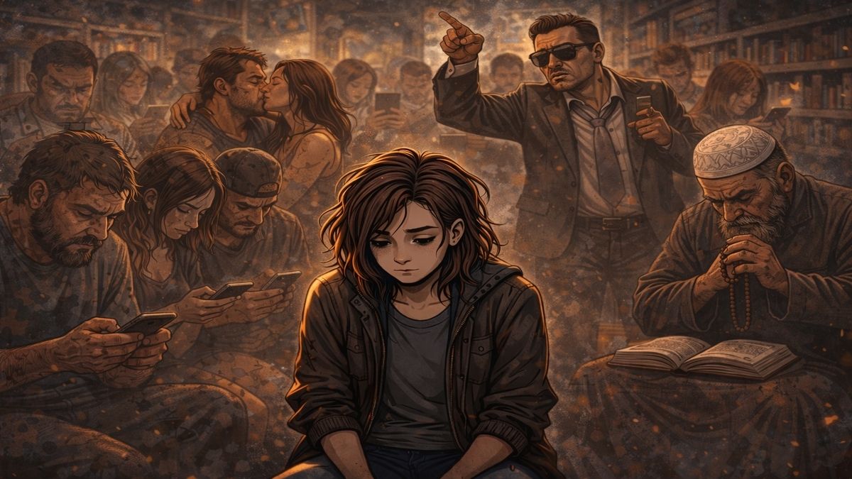 Sapyoseksüel nedir sorusuna görsel bir yanıt olarak, düşüncesiz ve ilkel davranışlar sergileyen kalabalık bir toplumun ortasında hayal kırıklığı yaşayan sapyoseksüel bir bireyin alegorik tasviri.