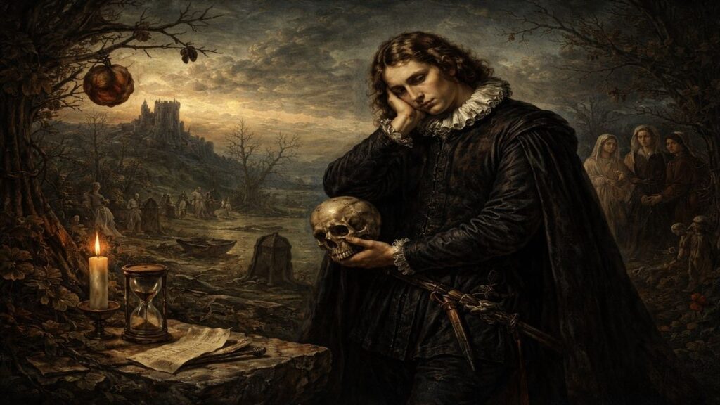 Shakespeare Hamlet seslendirmesi için hazırlanmış Bosch tarzı alegorik sahne; verilen sözlerin unutulması, kader ve düşünce çatışmasını betimleyen çok katmanlı kompozisyon.