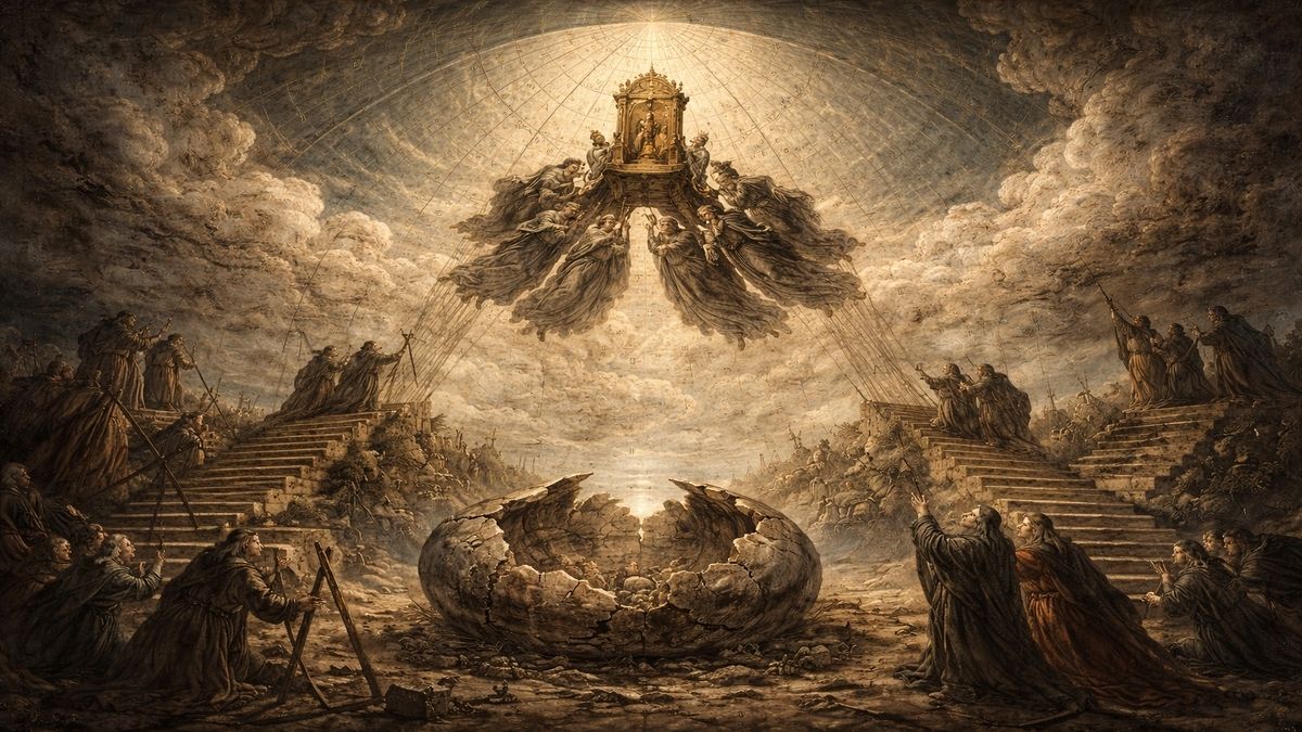 Tanrı Nerede? Göklerde Mi? sorusunu alegorik olarak resmeden sahnede sekiz figür boş bir tahtı göğe doğru taşırken insanlar merdivenlerle kubbe biçimli gökyüzüne ulaşmaya çalışıyor, yerde çatlamış bir kabuk yer alıyor.