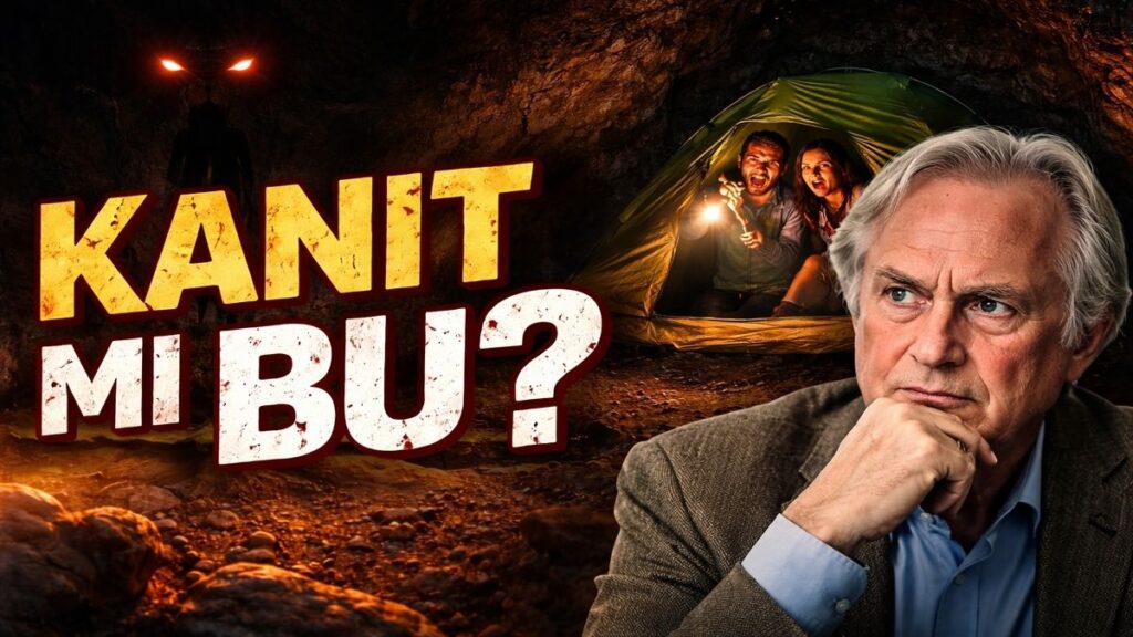 Tanrı Yanılgısı kitabı ve videosu üzerine hazırlanmış, korku teması ve sorgulayan insan figürü içeren alegorik kapak görseli