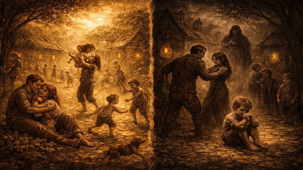 Çocuklukta sevgi gören ve sevgisiz büyüyen bireyler arasındaki farkı, toplumsal şiddet ve aile yapısı üzerinden anlatan Bosch tarzı alegorik sahne