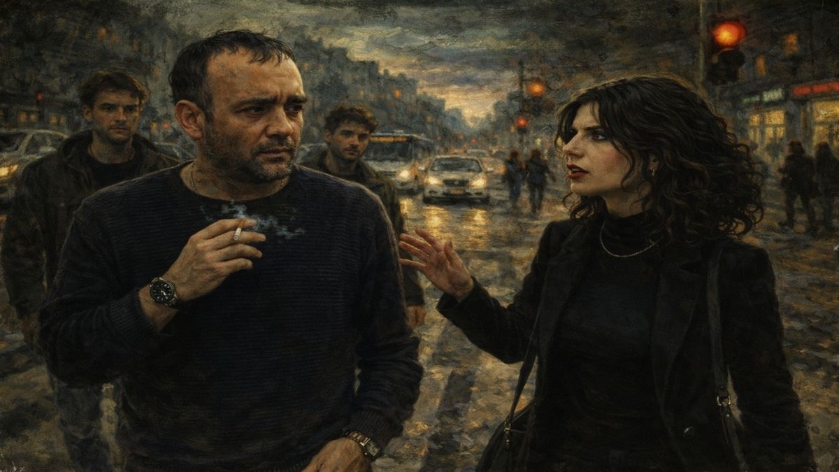 Yalnız Yaşamak Psikoloji | Sokakta Karşılaşma – Günay Aktürk Yalnız yaşamak psikoloji temasını temsil eden sahnede Günay Aktürk sigara içerken arkasından seslenen siyah giyimli kadınla yüz yüze dönüyor.