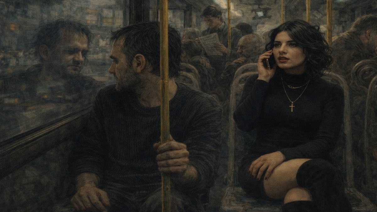 Yalnızlık Kaça Ayrılır? | Otobüs Sahnesi – Günay Aktürk Yalnızlık kaça ayrılır sorusunu görselleştiren Bosch tarzı otobüs sahnesinde Günay Aktürk, kalabalık içinde karşısındaki kadına belli etmeden bakarken betimleniyor.