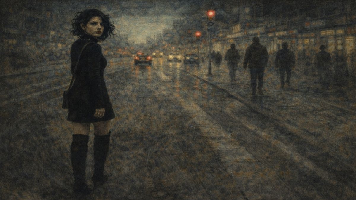 Memeli Kadın | Veda Bakışı – Günay Aktürk Yağmurlu şehir sokağında siyah giyimli kadın omzunun üzerinden adama kederli bir bakış atarken, arka planda Ankara silikleşiyor.