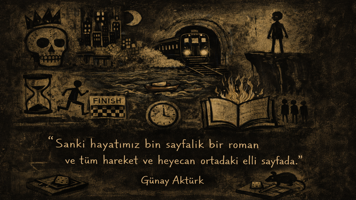 Hayatın ortadaki elli sayfası kavramını anlatan, karanlık tonlarda Bosch tarzı alegorik illüstrasyon; zaman, varoluş ve anlam arayışını simgeleyen sahneler