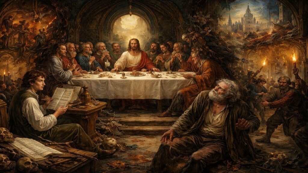 İyinin ve kötünün yüzü temalı Bosch tarzı illüstrasyon, Leonardo da Vinci Son Akşam Yemeği sahnesinde aynı kişinin hem İsa hem Yahuda olarak tasvir edilmesi