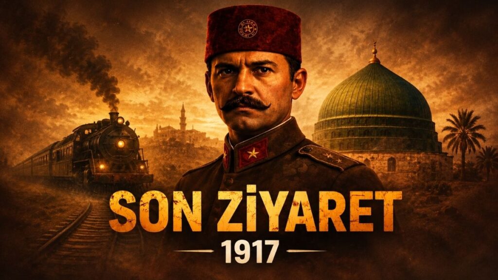 1917 yılında Hicaz Demiryolu üzerinden Medine’ye yapılan Osmanlı yolculuğunu temsil eden kapak görseli; önde Enver Paşa, arkada tren hattı ve Medine silueti.