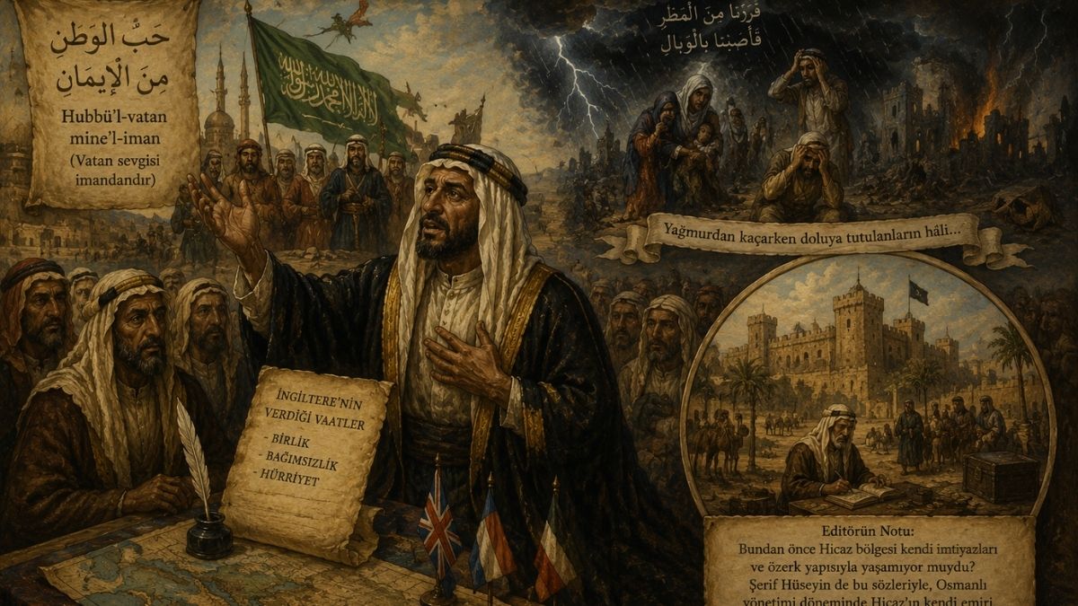 Şerif Hüseyin'in İngiltere'nin bağımsızlık vaatlerine güvenmesini ve sonrasında yaşadığı hayal kırıklığını konu alan Bosch tarzı tarihî alegorik illüstrasyon.