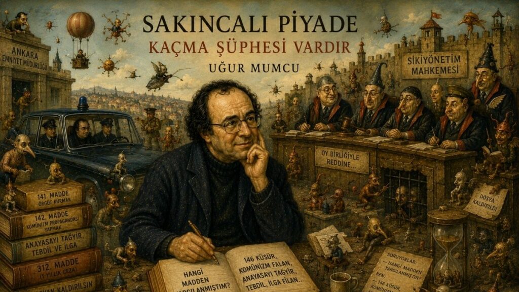 Uğur Mumcu'nun Sakıncalı Piyade adlı eserindeki "Kaçma Şüphesi Vardır" bölümünü simgeleyen Bosch tarzı kapak illüstrasyonu.
