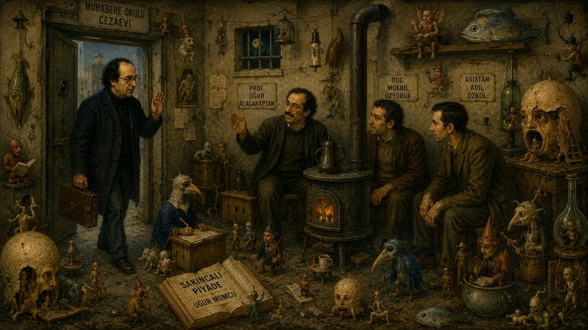 Uğur Mumcu'nun Sakıncalı Piyade kitabında Muhabere Okulu Cezaevi'ne girişini ve arkadaşları tarafından karşılanışını betimleyen Bosch tarzı dijital illüstrasyon.
