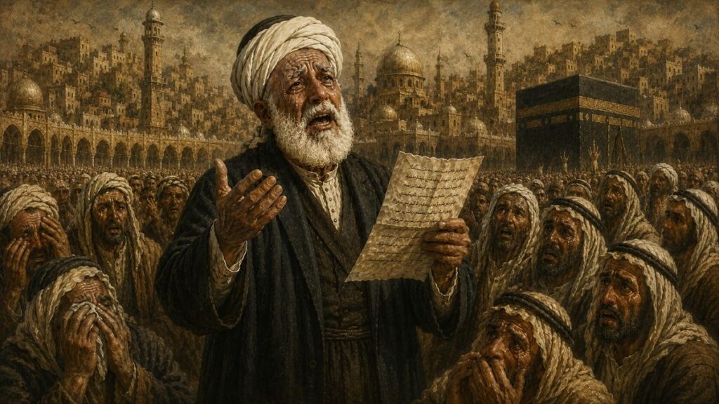 Şerif Hüseyin'in 20 Ocak 1924'te Mekke'de İngiltere'nin verdiği sözleri tutmadığını dile getirdiği tarihi beyannameyi okurken tasviri.