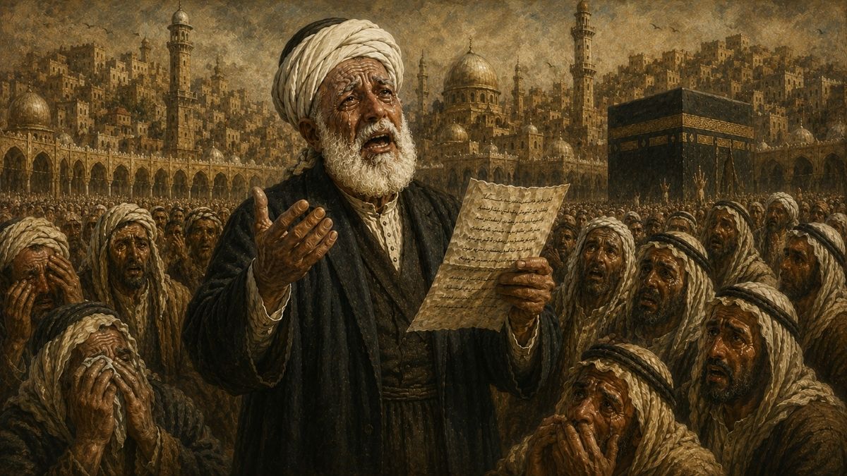 Şerif Hüseyin'in 20 Ocak 1924'te Mekke'de İngiltere'nin verdiği sözleri tutmadığını dile getirdiği tarihi beyannameyi okurken tasviri.
