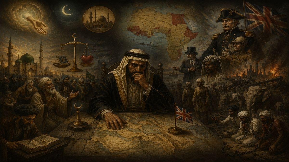 Şerif Hüseyin'in İngiltere ile yaptığı ittifakı, Osmanlı Devleti'ne karşı Arap İsyanı'nı ve İngiliz sömürge politikalarını konu alan Bosch tarzı tarihî illüstrasyon.