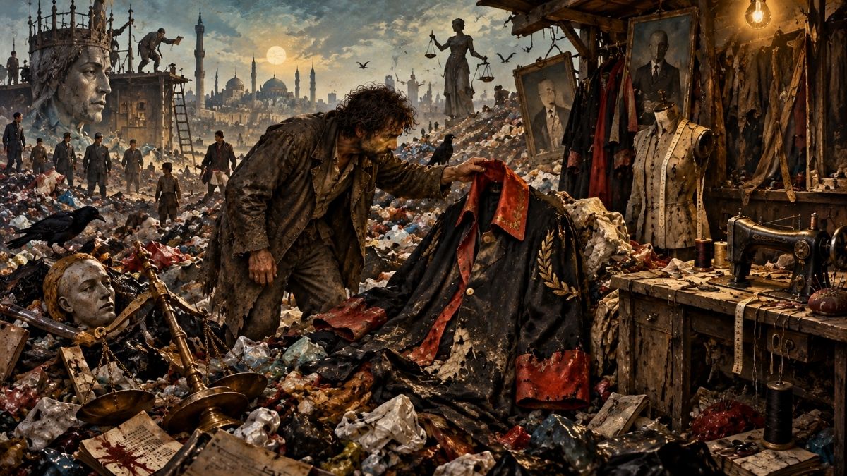 Adalet ve Vicdan Çöplükte bulduğu hâkim cüppesini inceleyen adam, adalet ve vicdan kavramlarını sorguluyor.